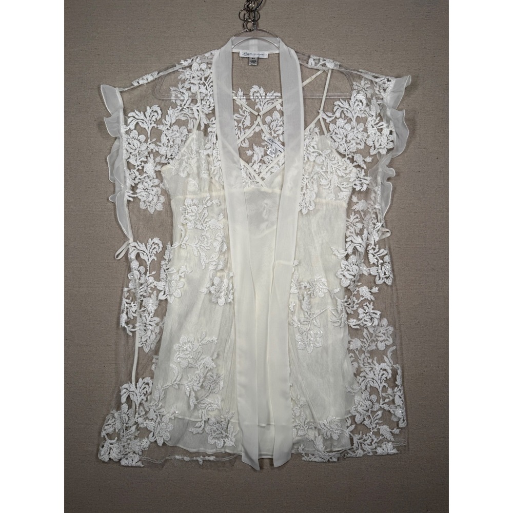 Rya Collection Ivory Lace Chemise and Sheer Floral Kimono Robe Set Size Large